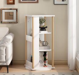 360° Rotating 3-Tier Wood Floor Revolving Bookcase,Bookshelf with Chalkboard, Storage Organizer & Picture Book Display Stand, Space-Saving Storage Uni