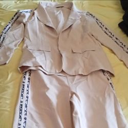 CHICME Women’s 2-Piece Pant Suit Set Jacket & Pants Beige Solid Size S