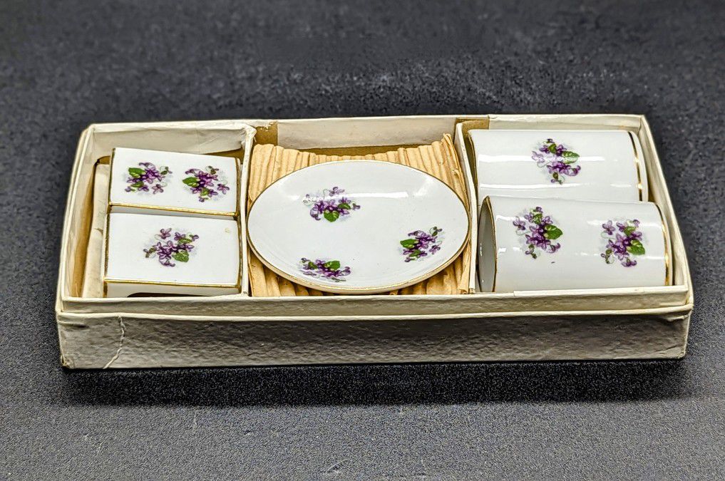 VTG Japan Porcelain Purple Floral Matchbox Holder, Cigarette Holder, & ashtrays 
