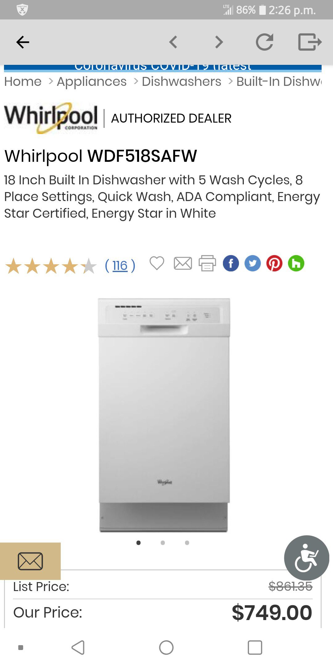 New Whirlpool dishwasher White