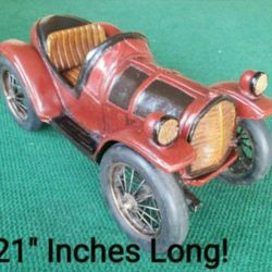 Beautiful LARGE Decorative  Vintage Wooden Carved Black Red Roadster  CAR DECOR 21" Long!