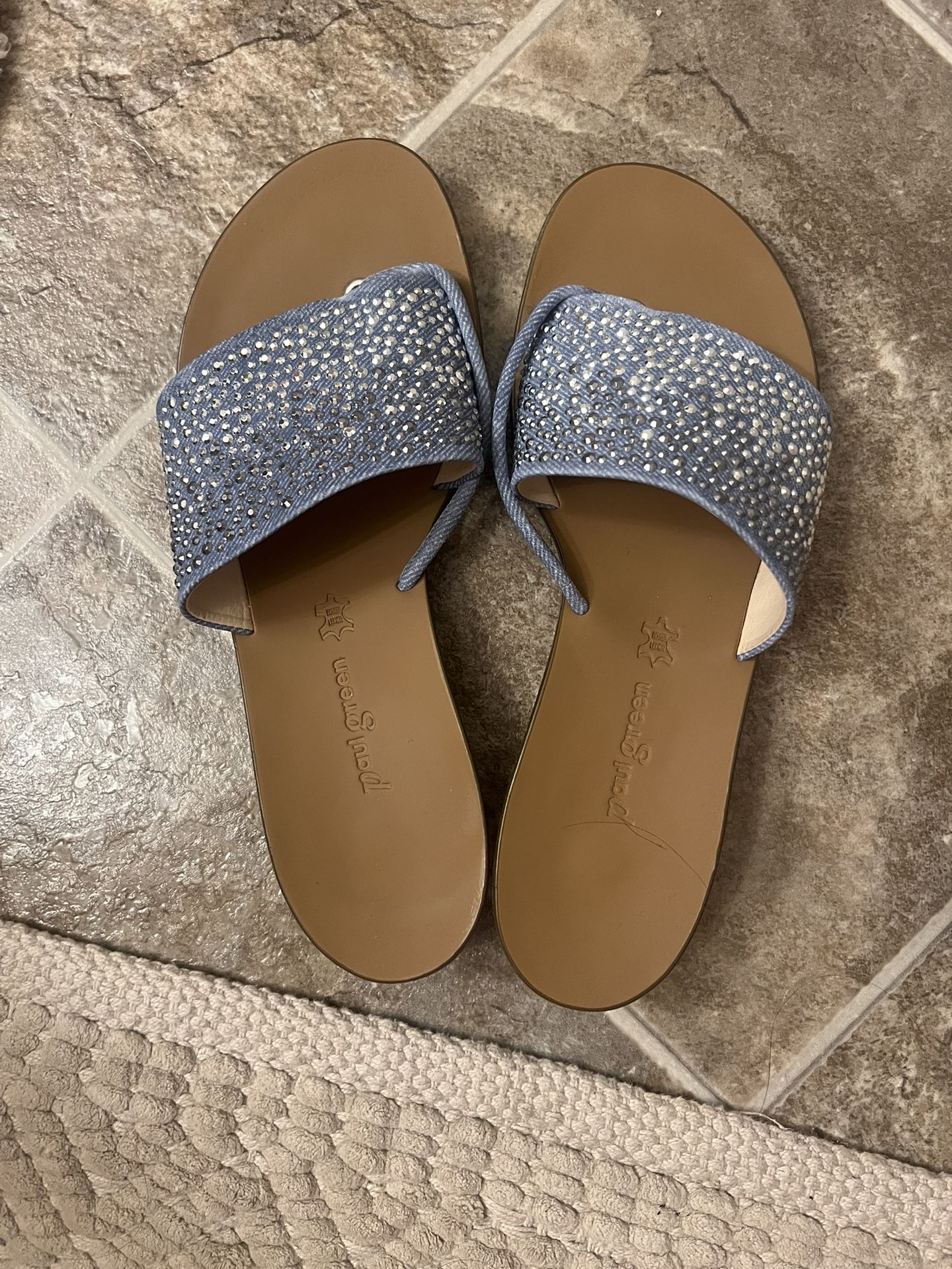 PAUL GREEN SLIDE BLUE SILVER STUDS RHINESTONE SUEDE SANDAL