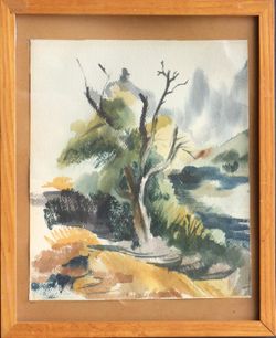 Old tree vintage framed watercolor painting landscape original artwork fine art