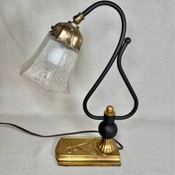 Vintage Art Deco Brass Gooseneck Desk Bedside Lamp With Floral Flared Etched Pink Glass Shade.