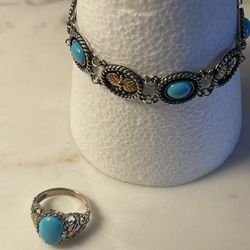 10K Black Hills Gold Turquoise Ring And Lobster Claw Bracelet