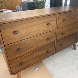 New Mid Century Dresser.  Solid Pine Wood / Veneer On Back.  180 Lbs.  61”x17”Dx36”H.  Free Delivery!