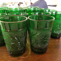 Vintage Anchor Hocking Forest Green pressed glass with floral and leaf design 14 pcs.