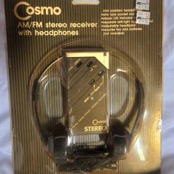This is a Cosmo AM/FM stereo receiver with headphones