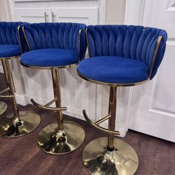 4 Blue Velvet And Gold Adjustable Bar Stools 