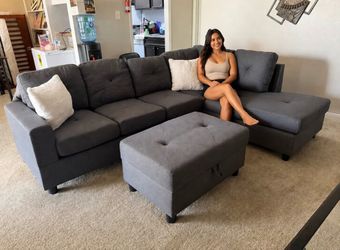 🆕 Modular Sectional Sofa Couch w/ Drop-Down Table & Storage Ottoman | Light Grey