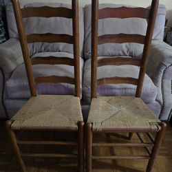 Two Antique Ladder Back Chairs With Woven Rush Seats