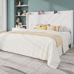 King Size Platform Bed Frame with Charging Station and Storage Shelf/Upholstered Velvet Wingback Headboard/Wooden Slats Support/No Box Spring Needed/E