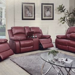 Red Leather Fully Reclining Three Piece Couch Set 