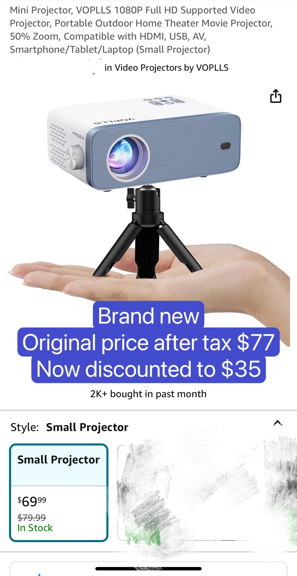 Mini Projector, VOPLLS 1080P Full HD Supported Video Projector, Portable Outdoor Home Theater Movie Projector, 50% Zoom, Compatible with HDMI, USB, AV