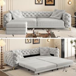 97.7" King Size Sleeper Sofa Bed, 3-in-1 Convertible Pull Out Chesterfield Sleeper Couch with Ottoman, Oversized Velvet Button Tufted L Shaped Sofa fo