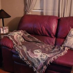 Genuine Leather Sofa, Lovesest And Swivel Recliner Set In A Rich Bordeaux Color.  