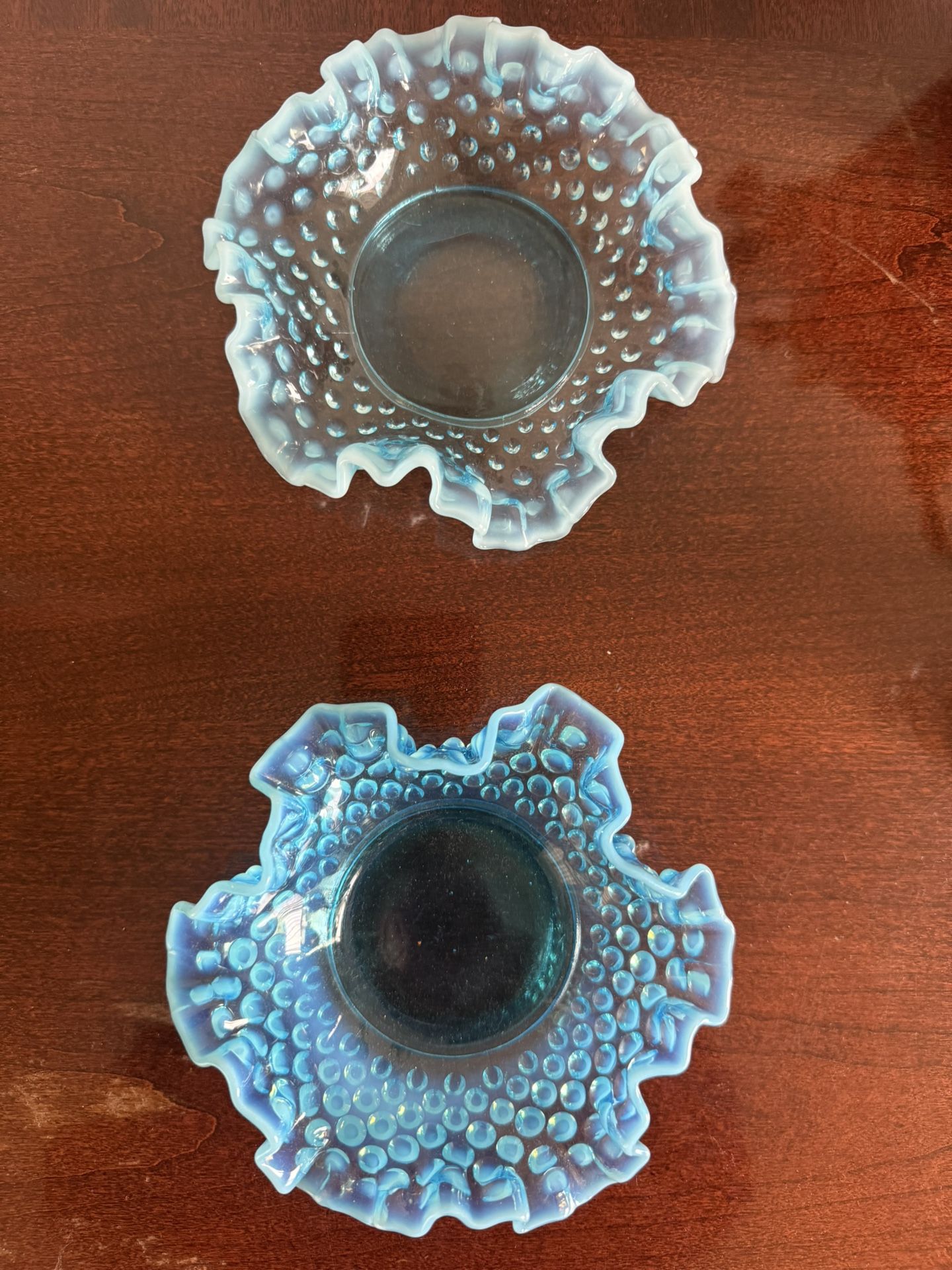 Fenton Blue Opalescent Hobnail Ruffled Bowls - Matching 7" Pair, Vintage Glass