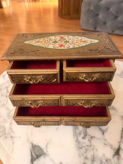 Vintage Gold Wooden Jewelry Box with Drawers