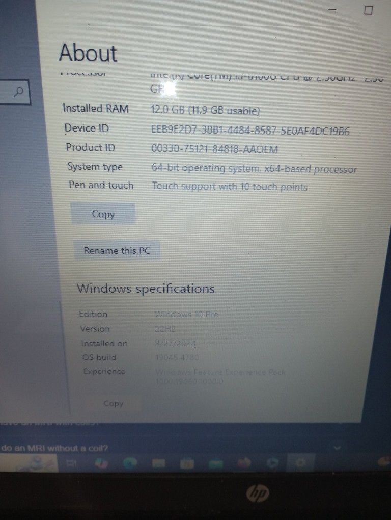 Hp Touch Screen Windows 10 Pro 12 G DDR 4 Ram