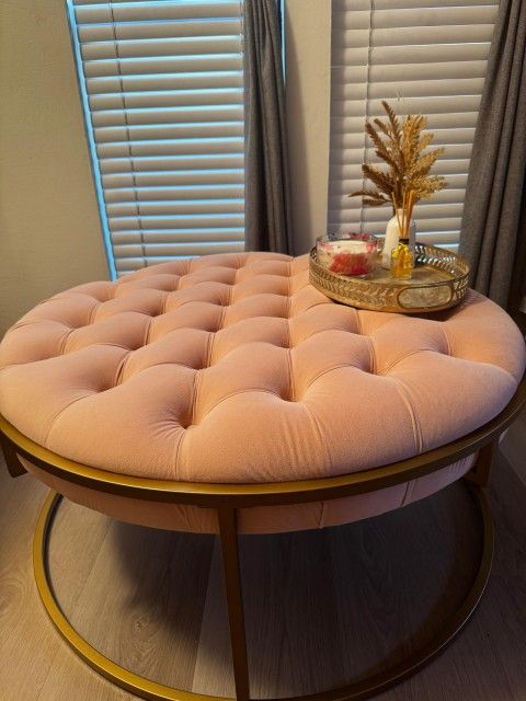 Weston Home Oddie Gold Finish Velvet Button Tufted Round Ottoman, Blush Pink