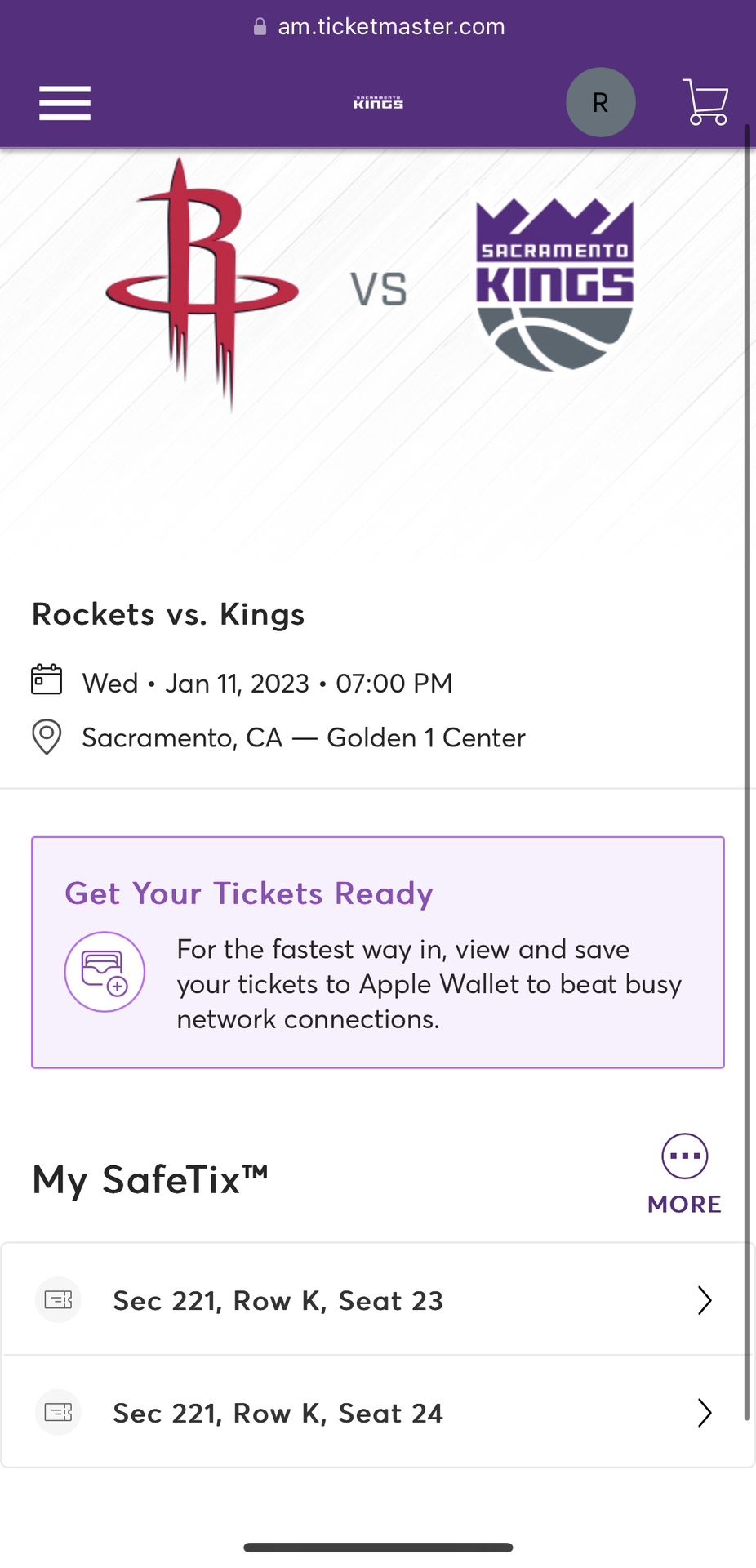 Sacramento Kings Vs Rockets Tickets 1/11