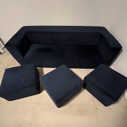 Jaxx Zipline Convertible Sleeper Sofa & Three Ottomans/California King-Size Bed, Textured Microvelvet - Indigo Blue Color 