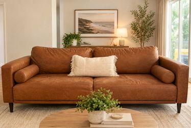 Brown Faux Leather Sofa with Bolster Arms