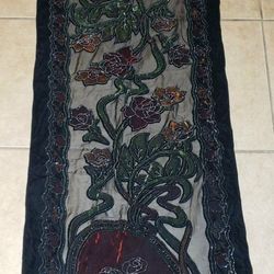 VINTAGE SHEER BLACK VELVET LACE BEADED FLORAL FLOWER ROSE TABLE RUNNER TABLECLOTH DECOR