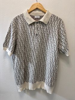 Dior Beige/Brown Monogram Knit Polo Shirt Short Sleeve Collared Button Men M