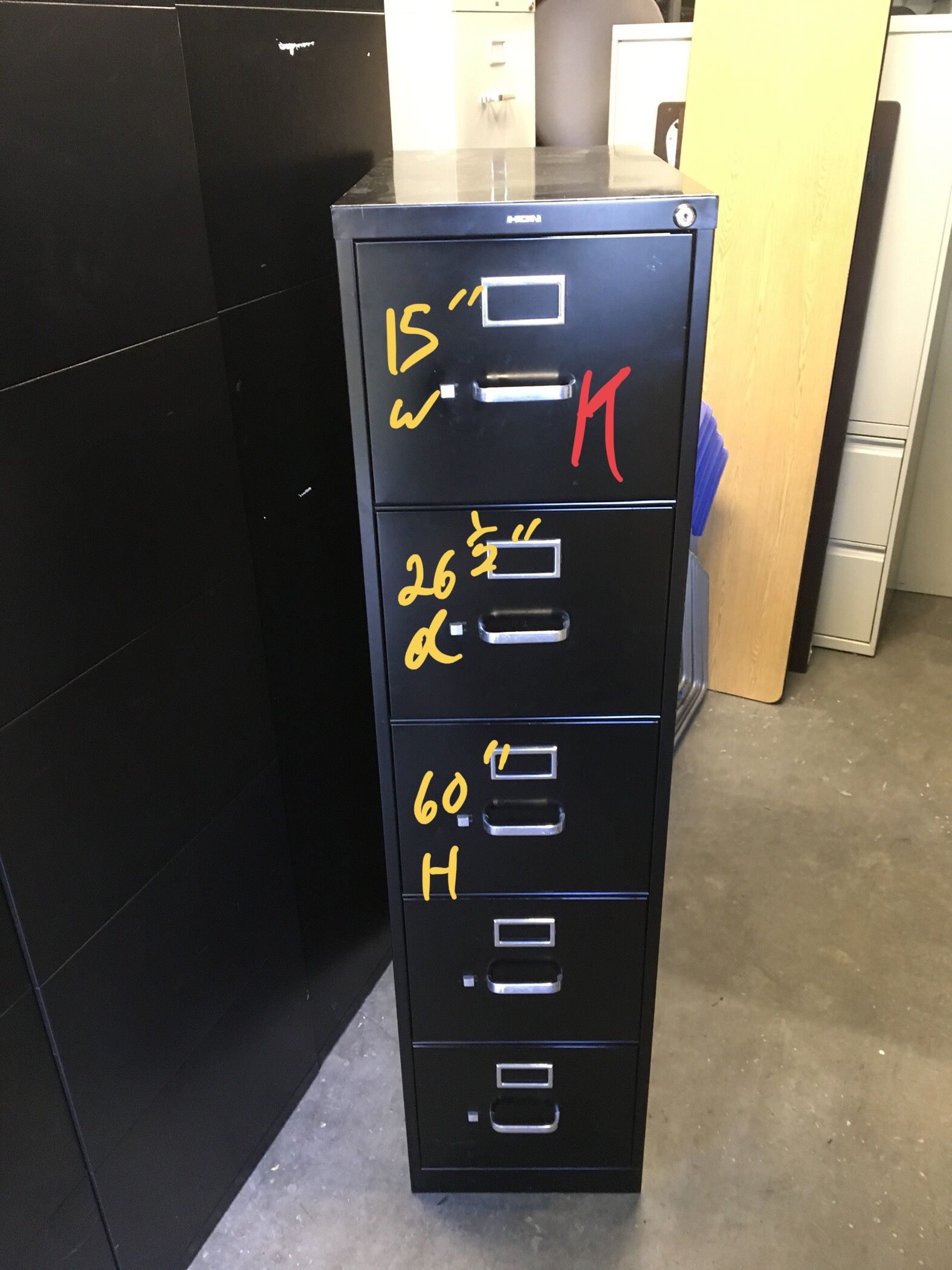 Black 5 drawer letter size file cabinet with key… $90 each
