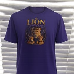 👑 Lion Pride Family Tee – Mama Lion & Cubs Graphic Shirt (Purple & Gold)