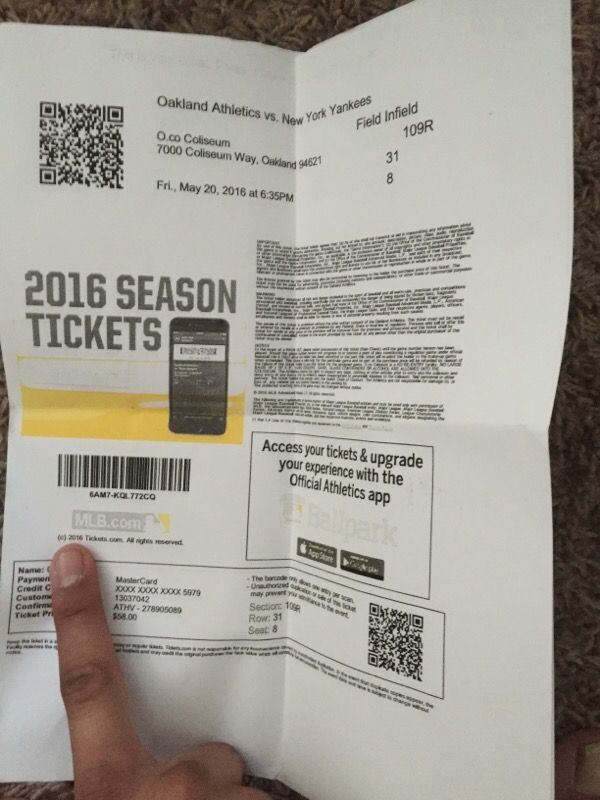 2 tickets Oakland A's vs New York Yankees May 20th