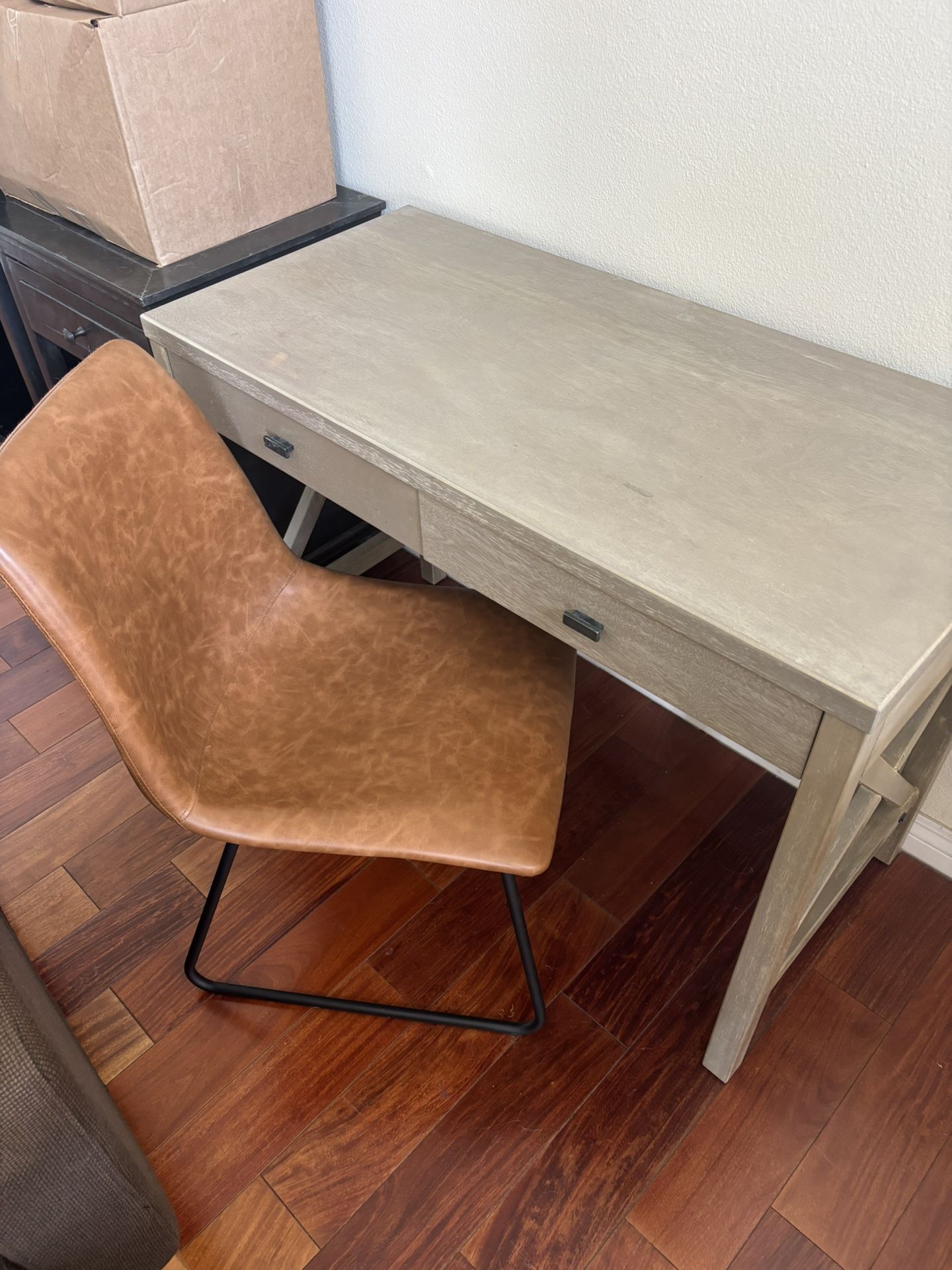 MOVING SALE - Wood Desk, Leather Desk Chair, White Dresser, Grey Coffee Table