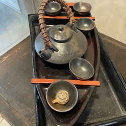 Vintage 1970s Japan  black sushi boat 2 layers & japanese saki cups and pot antique lot 