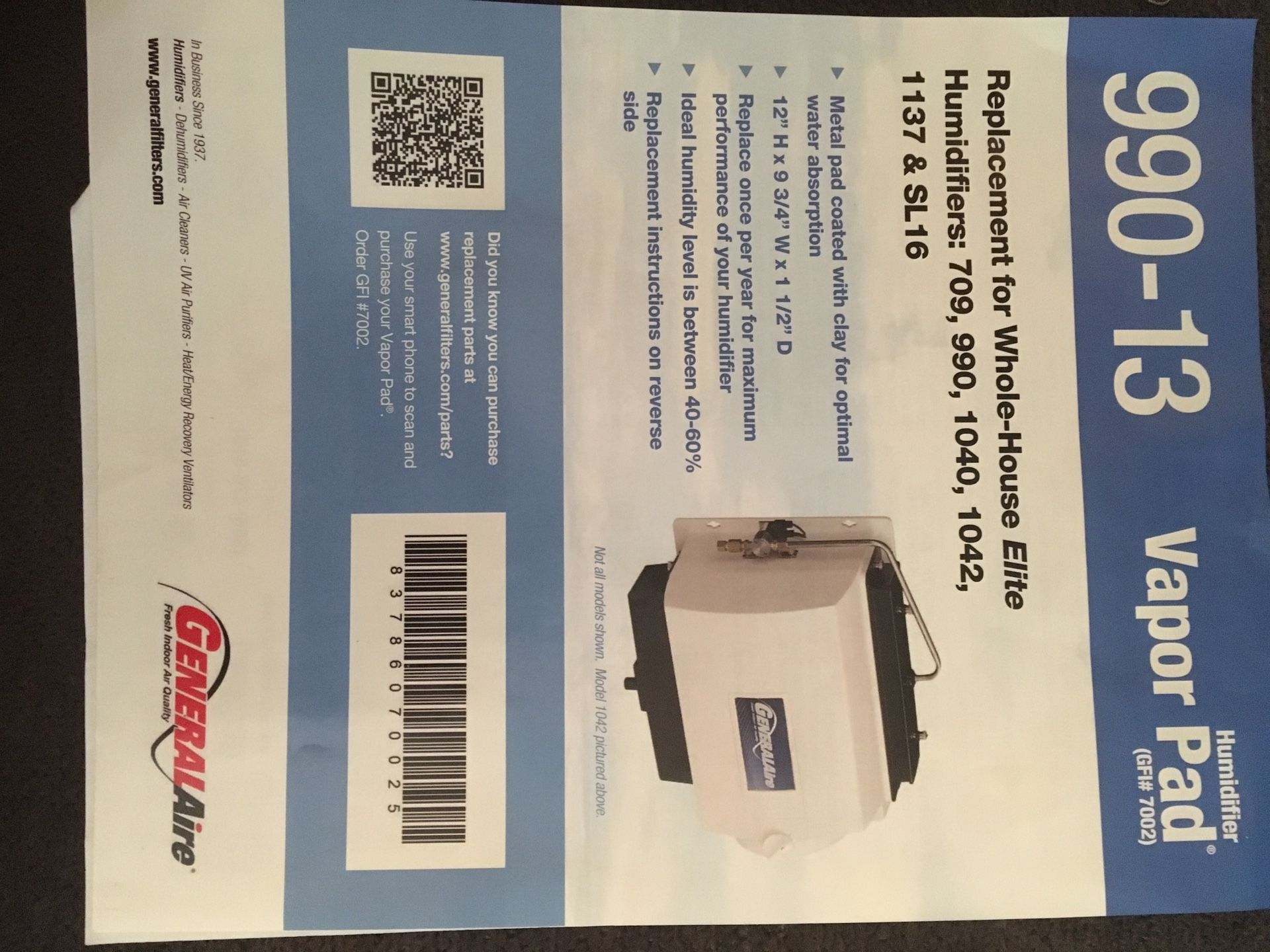 GeneralAire humidifier replacement vapor pads