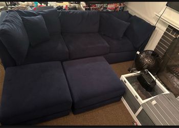 Dark Blue Living Room Couch and Ottomans
