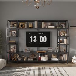 Homsee Metal Wall Unit TV Stand with 5-Tier Wooden Shelf for TVs up to 50", 85.4" W Modern Entertainment Center with 15 Cubes, Versatile Media Console