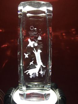 3D Laser Etched Crystal Glass Cube Cat Bird Ocean Flowers Paperweight