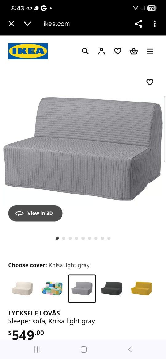 
LYCKSELE LÖVÅS Sleeper sofa, Knisa light gray - Like New and very comfortable, FULL SIZE