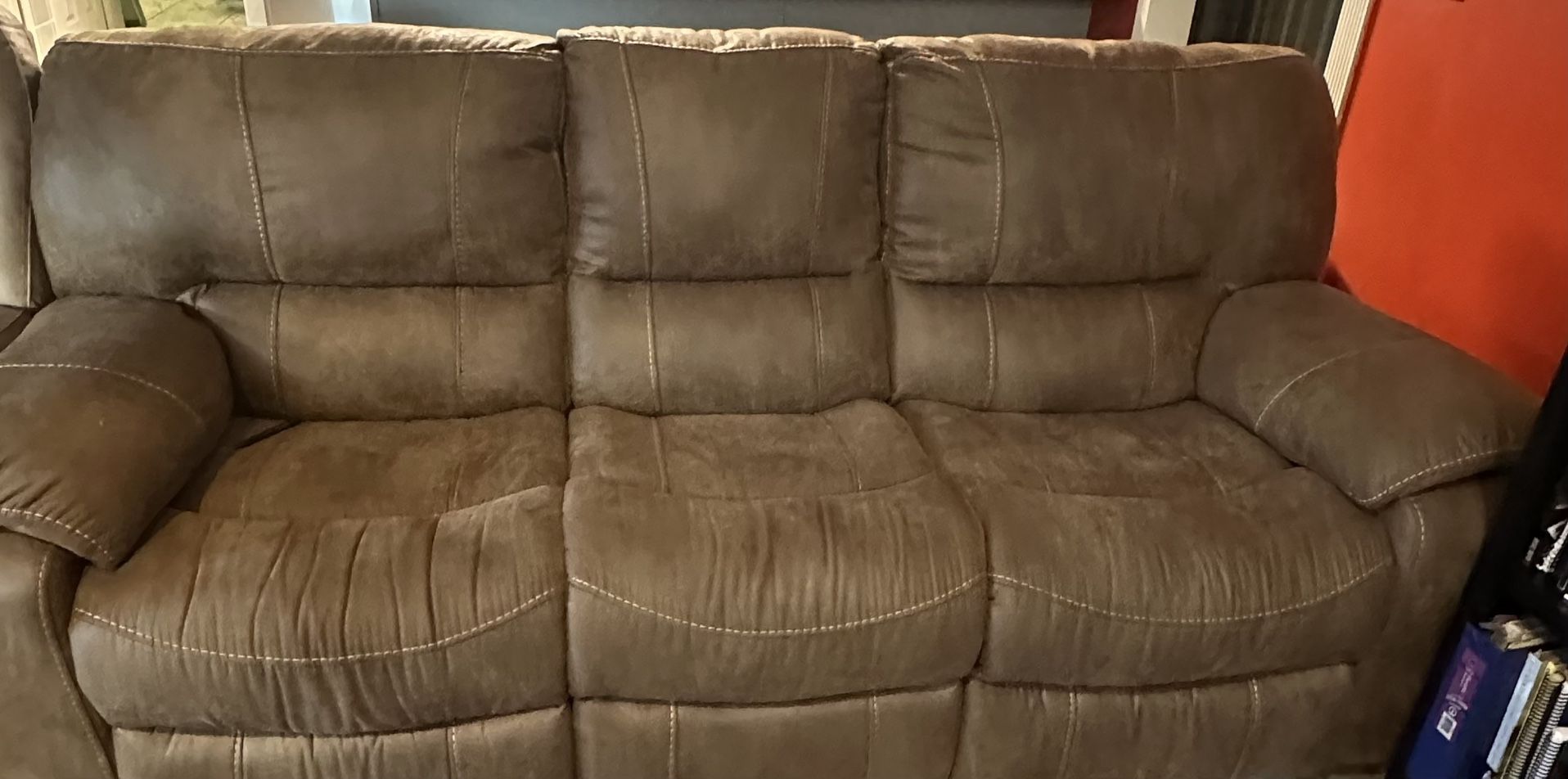 Brown Cloth, Leather  Recliner Sofa