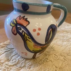 Artist signed Small pottery vase with Rooster and flowers. 5x5 inches. Small. Farmhouse/ cottage.