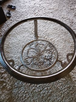 Solid Iron Glass Coffee Table with Carved Wood Bowl