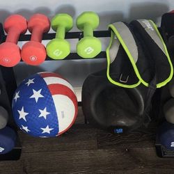 Dumbbells, kettlebells, medicine ball & rack