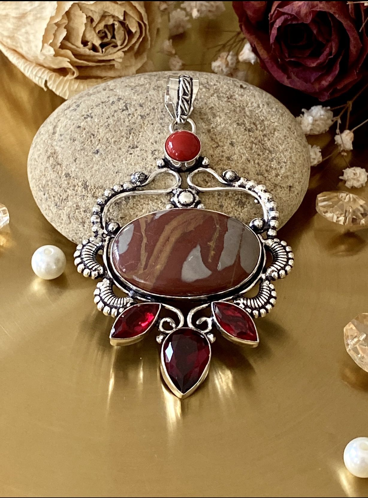 Norina Jasper And Garnet 925 Sterling Silver Overlay Pendant