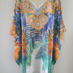 Gorgeous! Boutique Beach Dress/Swim Suit Coverup Floral W Rhinestones  One Size