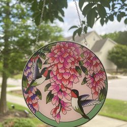 Acrylic Round Hummingbird Window Hangings Colorful Suncatcher Panel With Chain