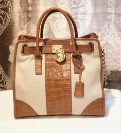 Michael Kors  Hamilton Walnut Brown Croc Leather Center Stripe Satchel Bag featuring signature gold-tone hardware