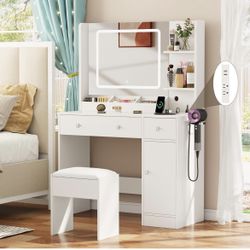 Makeup Vanity Desk with Mirror and Lights,Vanity Set with Mirror and Stool and Lights 3 Color,White Vanity Desk with Drawers,Make Up Table with Power 