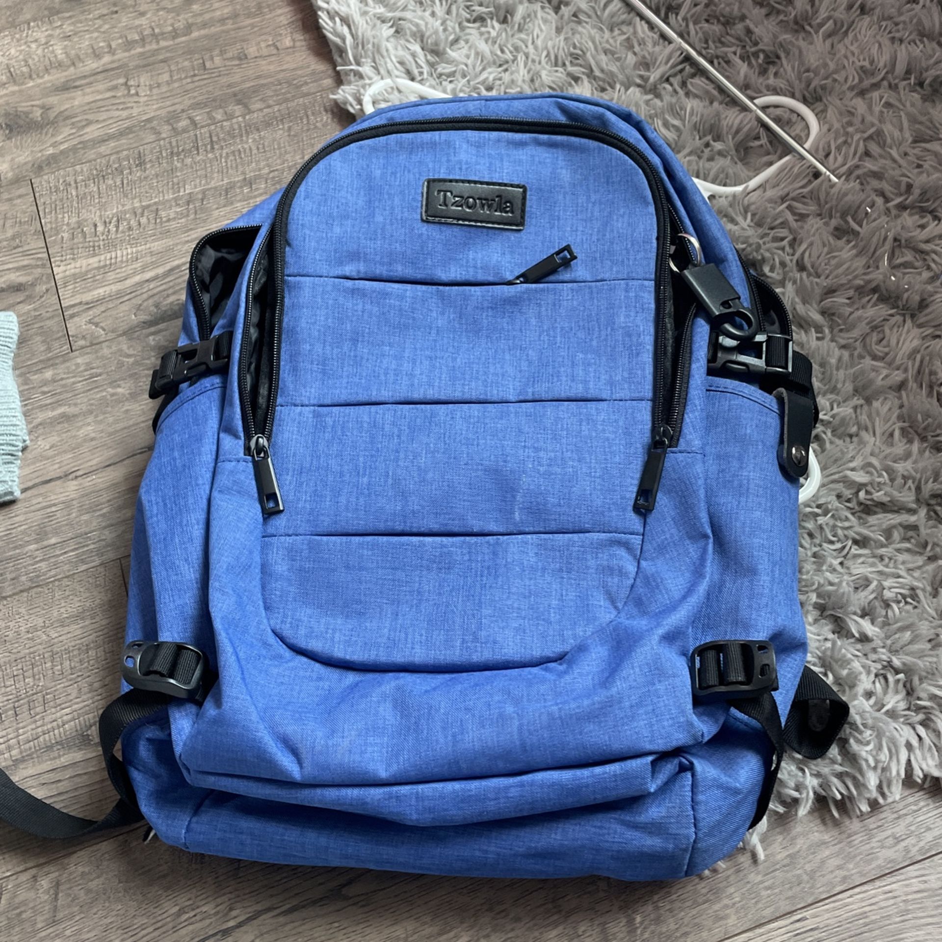 Blue Tech Backpack For Laptop With Built In Charger Adapters