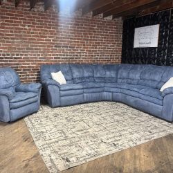 Free Delivery-Blue L shape sectional sofa couch w recliner chair